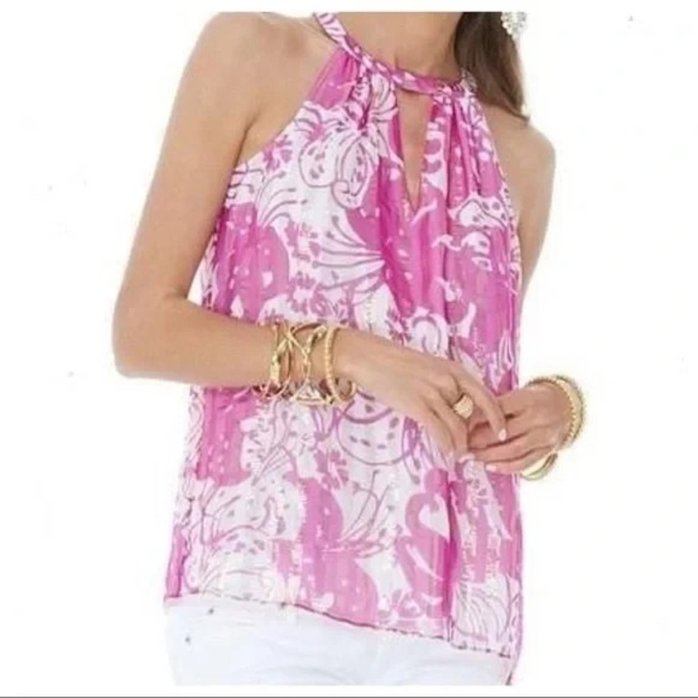 Lilly Pulitzer Halter Top Womens XS Pink Floral Metallic Silk Blend Resortwear